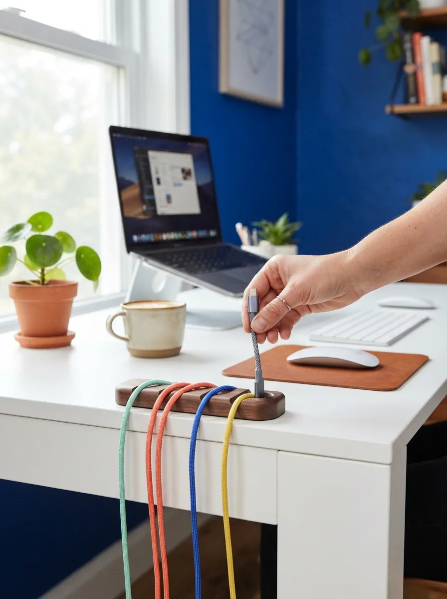 Organizer magnetico per cavi CableSnap su una scrivania ordinata